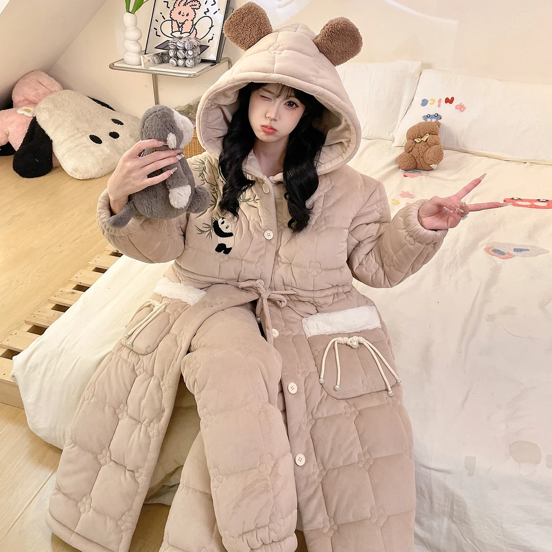 三层夹棉加厚加绒睡袍可外穿冬季睡衣女士卡通珊瑚绒家居服 9055