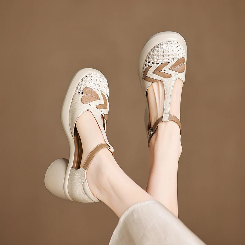 羊皮7厘米34-40白色百搭夏季真皮软底复古镂空透气休闲