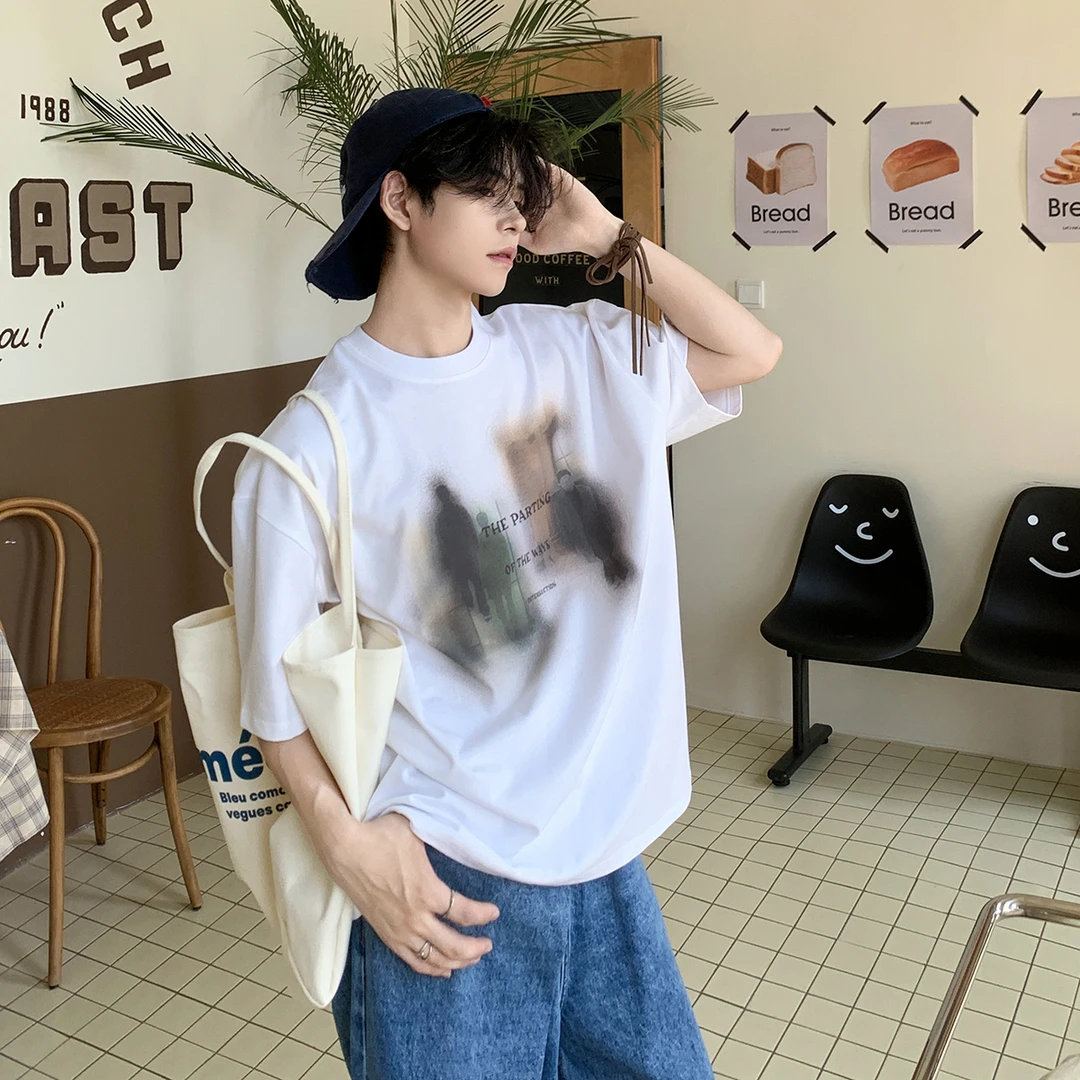 白口阳【时光漫游】夏季复古渐变重影百搭tee印花休闲短袖T恤男353