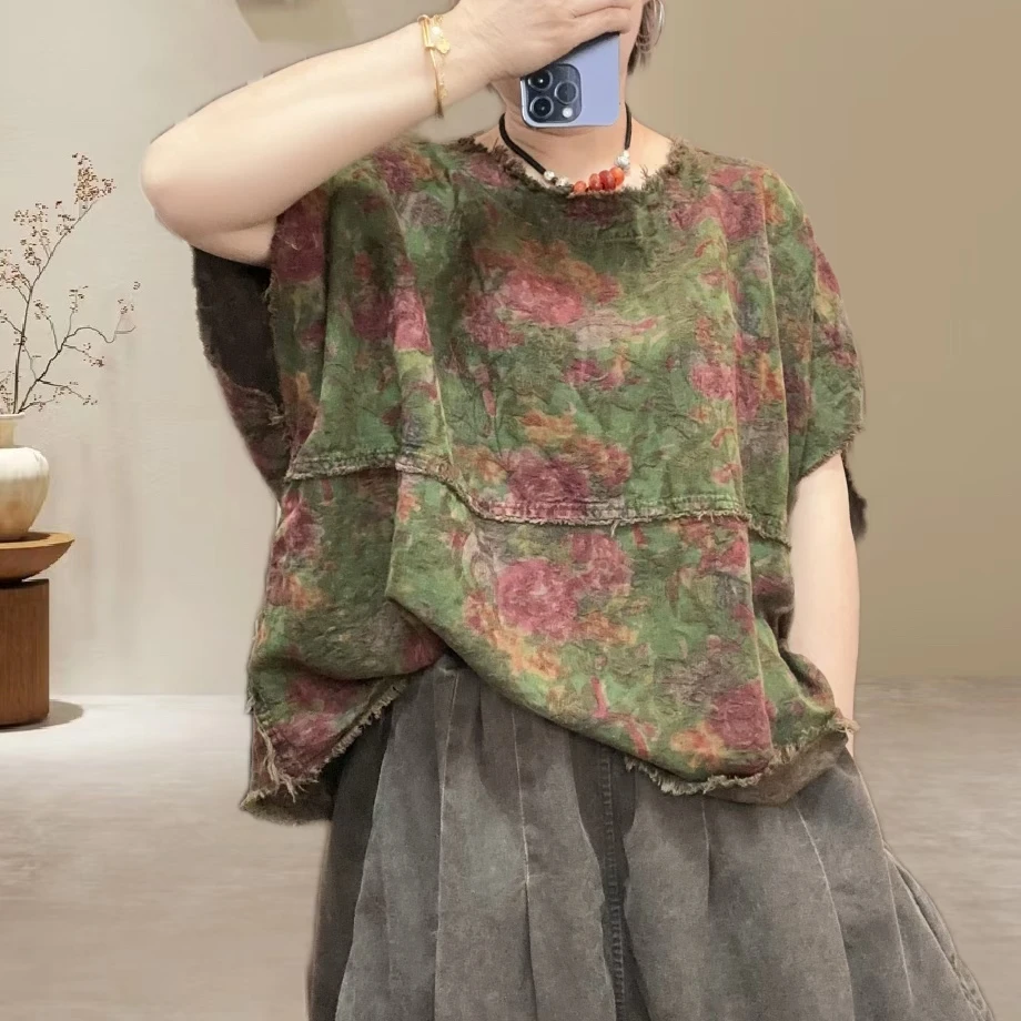 C3160夏季亚.麻提花短袖女拼接时尚花短袖透气舒适