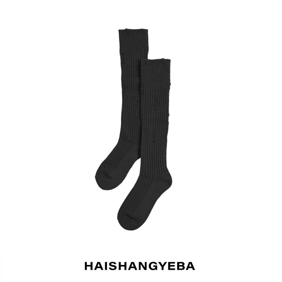 【海上叶爸】新款2025春秋百搭棉中厚款破洞中筒袜