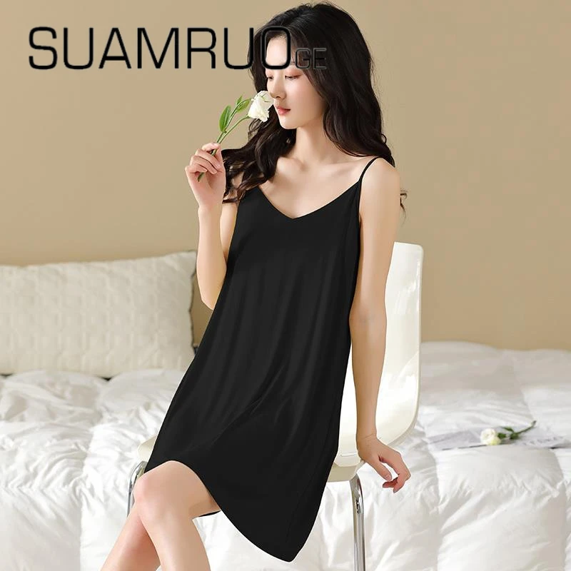 韩版小众睡裙女款夏季吊带棉绸2025年新款夏天纯欲纯黑性感睡衣女