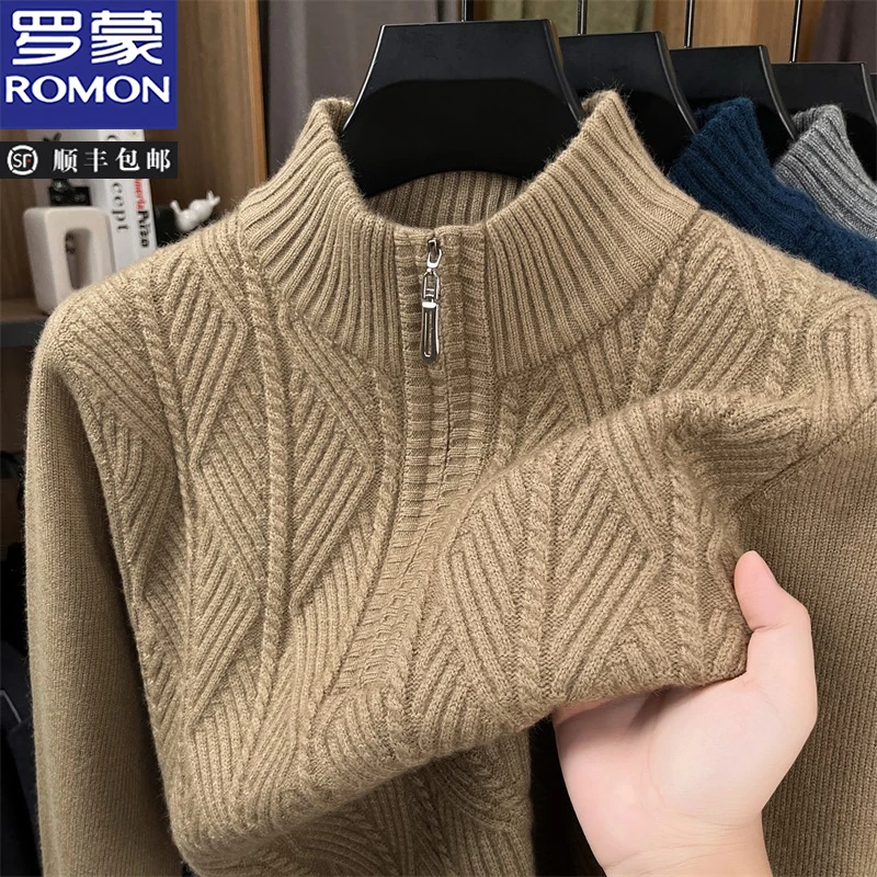 罗蒙男士针织毛衣秋冬季加厚半拉链套头毛衫时尚提花宽松保暖上衣