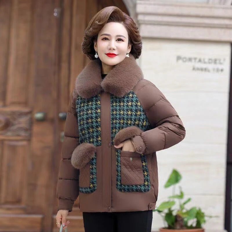 9723中年妈妈冬季加绒加厚宽松保暖洋气毛领棉服外套