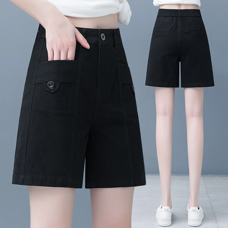 夏季高腰显瘦洗水棉五分短裤2025新款女宽松休闲半松紧腰大码中裤
