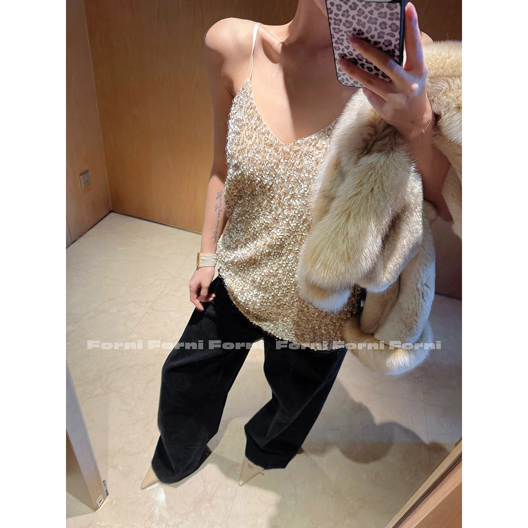 FORNI 鎏金人鱼公主 财阀千金感刺绣珠片闪闪V领吊带