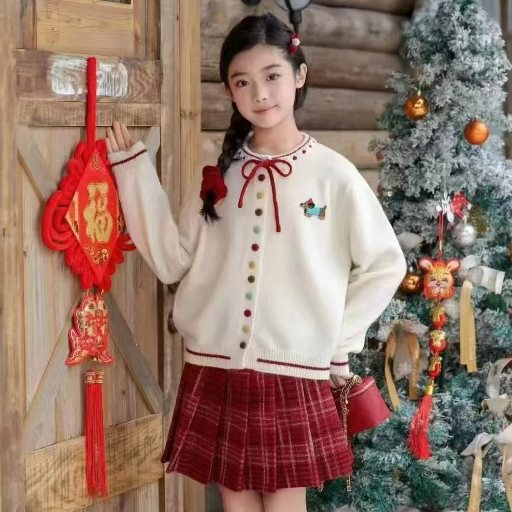 女童毛衣儿童新款针织套装开衫2024百褶裙两件套韩版洋气过年红色