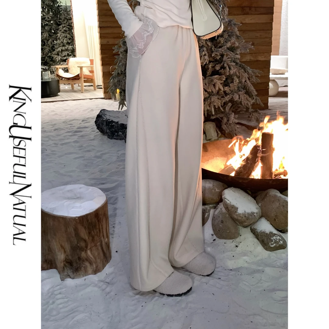 KUN【燕麦弯刀裤】视觉窄腿 加绒加厚羊毛呢百搭花边秋冬杏色裤子