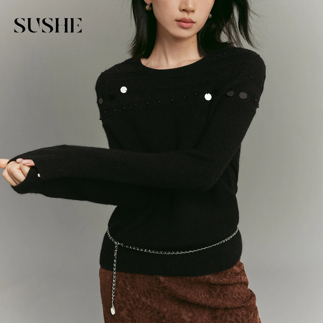 束皙SUSHE 星罗 复古优雅 弹力羊驼毛圆领绞花宽松毛衣女冬