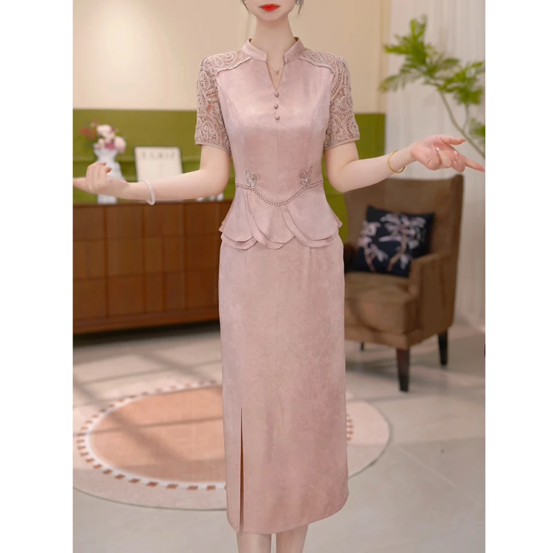 高档冰桑提花缎假两件礼服裙2025夏季新款时尚气质修身显瘦连衣裙