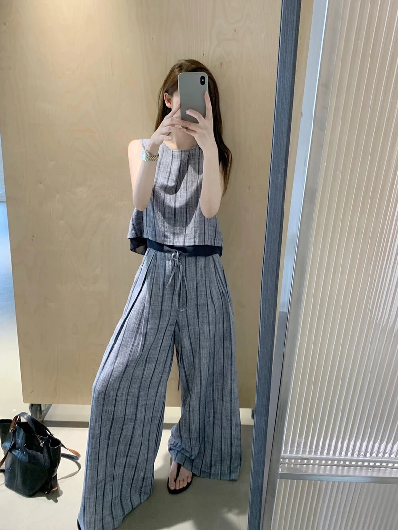 韩系棉麻拼软纱边背心小衫+配条纹休闲阔腿裤直筒裤套装女