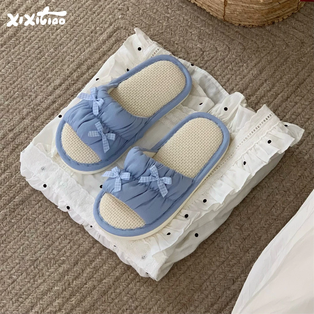 细细条 日系蝴蝶结吸汗地板鞋女卧室家用防滑春夏少女心棉麻拖鞋