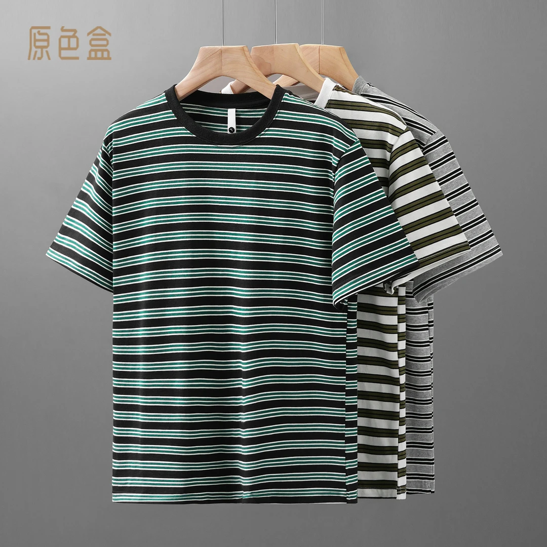 重磅条纹短袖t恤男士夏季宽松圆领撞色复古半袖男装T恤休闲打底衫