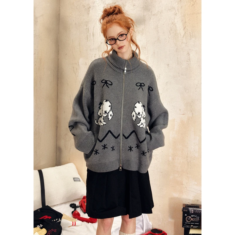 EZEK 秋季美式复古小狗高领拉链蝴蝶结针织开衫外套