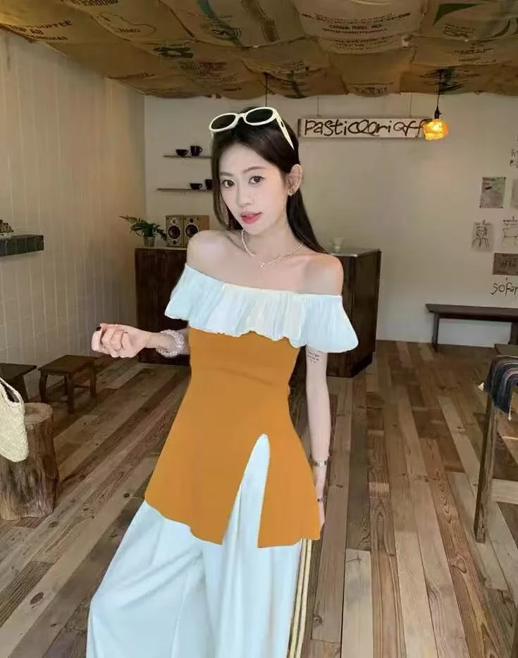 54073 韩系小众荷叶边一字肩开叉修身显瘦针织上衣