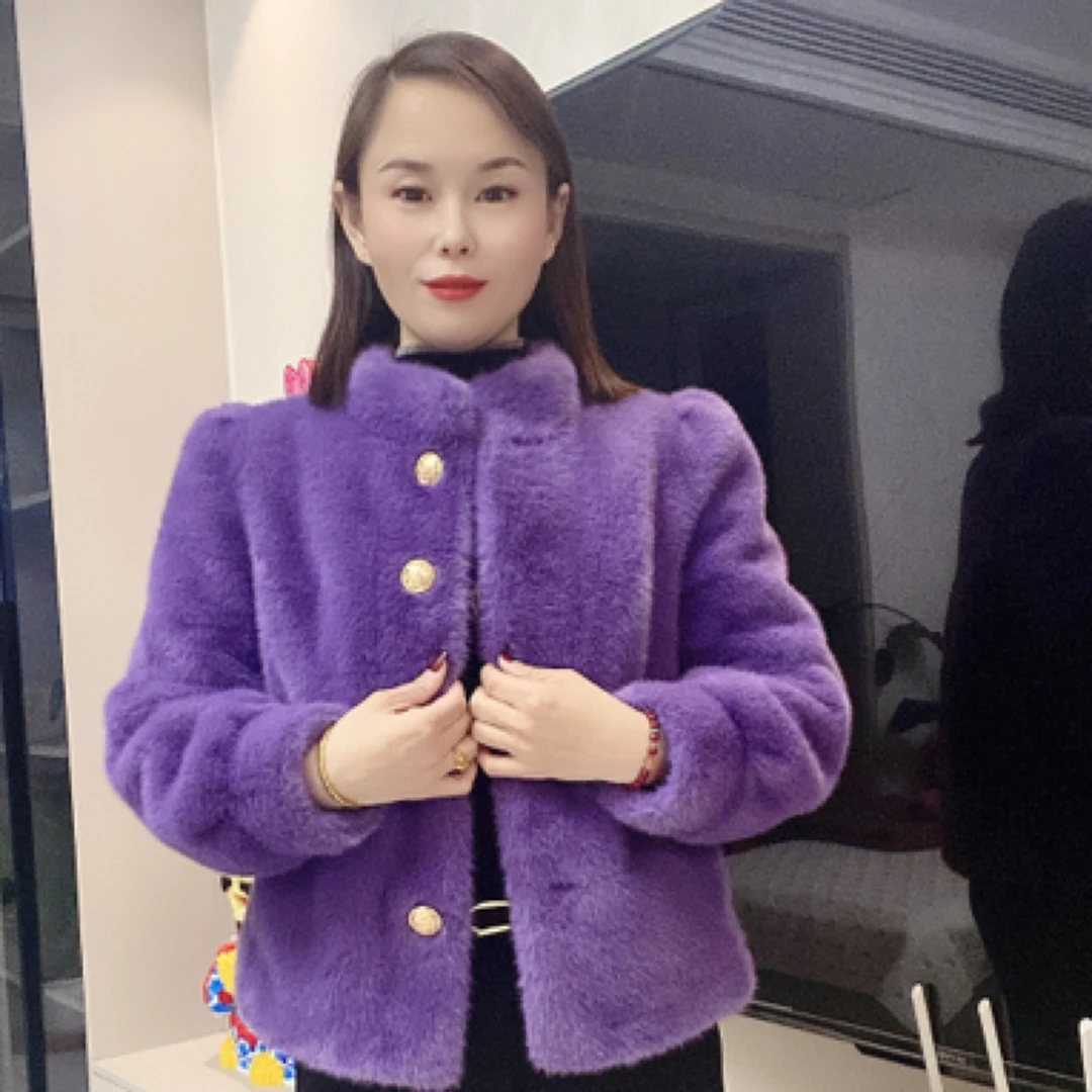 高品质保暖立领加厚短外套洋气泡泡袖宫廷风百搭毛毛绒外套冬