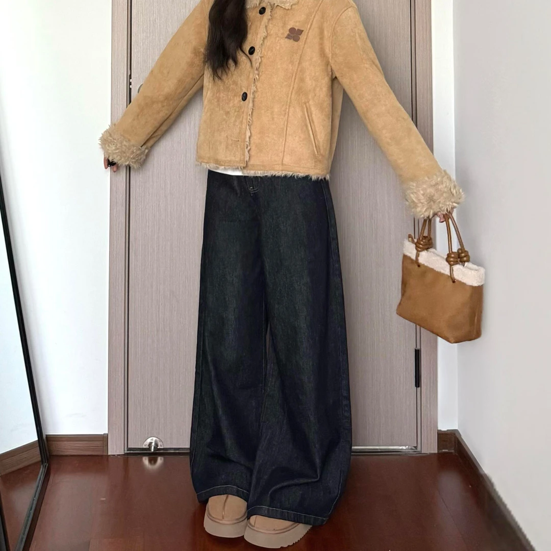 韩系深蓝色高腰宽松直筒牛仔裤女秋季小个子梨型身材遮胯显瘦长裤