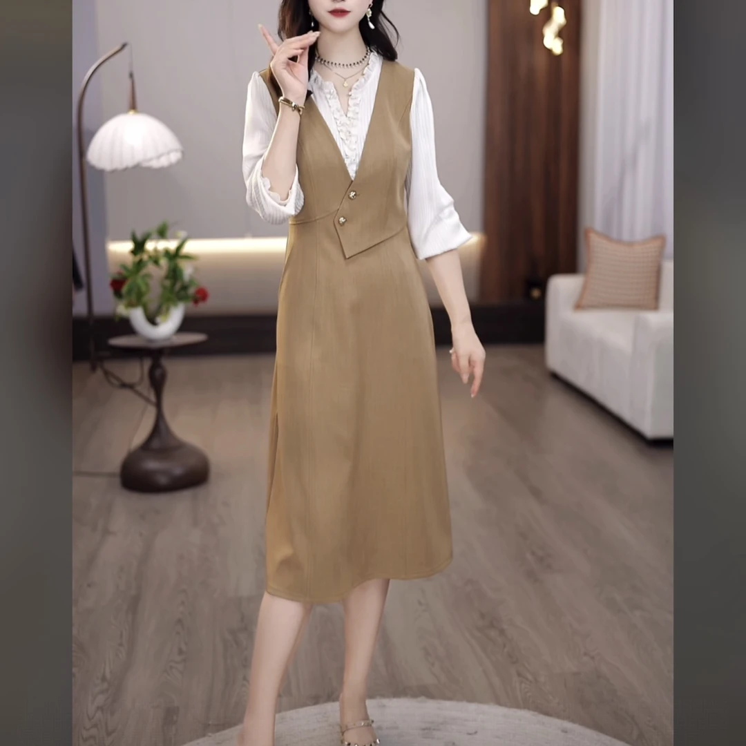 【连衣裙】2025秋款时尚气质洋气修身复古气质中长款假两件连衣裙