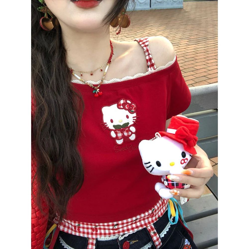 大码胖MM甜辣妹夏季刺绣拼接红格修身短袖t恤女小个子短款上衣T恤