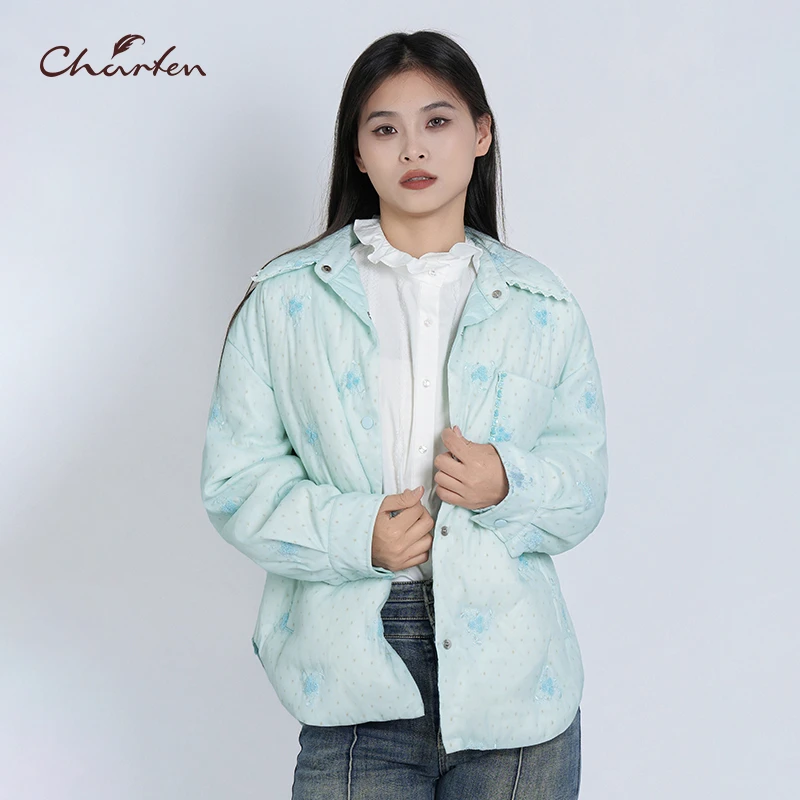 CHARFEN朝峰秋冬季CFE5D336-3130Y蓝色时尚女款保暖宽松立领