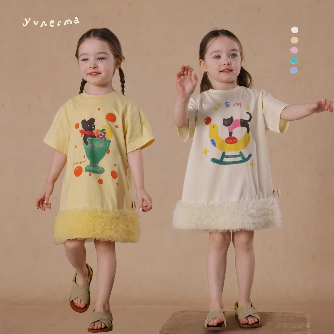 【原创插画师合作款】允儿妈女童卡通短袖T恤拼接连衣裙宝宝裙子