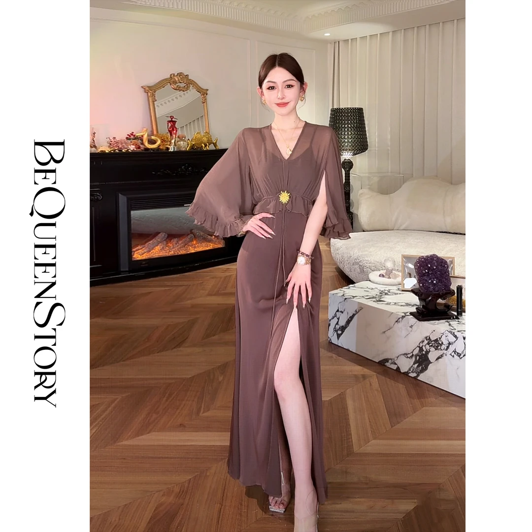 余潇潇【尼罗河传说】100醋酸高级垂感显身材开叉V领收腰连衣裙