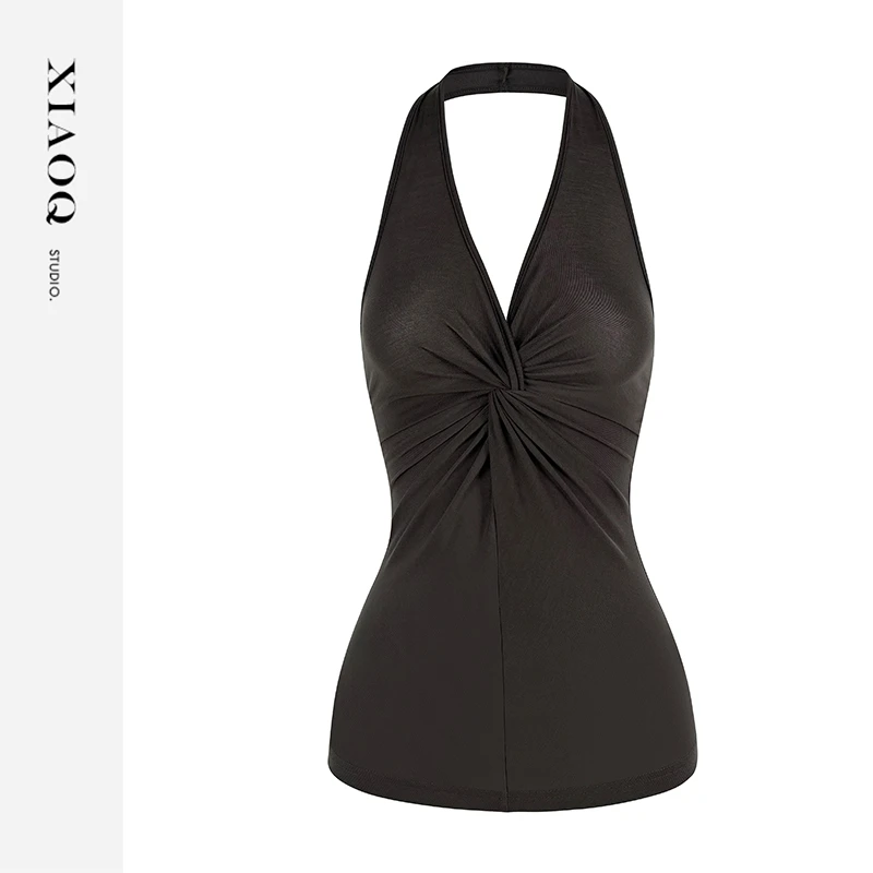 【小Q家】42963设计感挂脖扭结露背上衣