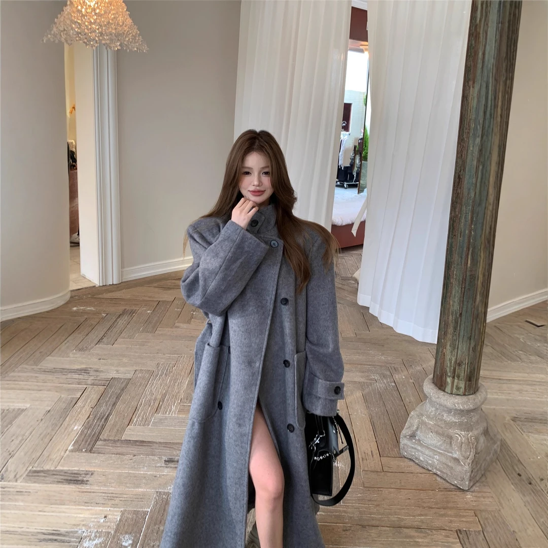 实拍2025复古韩版高级感宽松收腰绑带立领长款毛呢大衣外套女潮