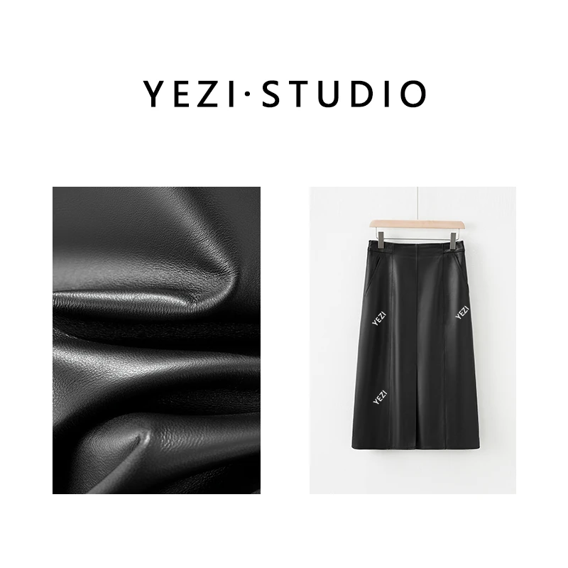【宋.佳皮裙】A级皮胚无涂层小羊皮极简解构中长前开叉皮裙25426002