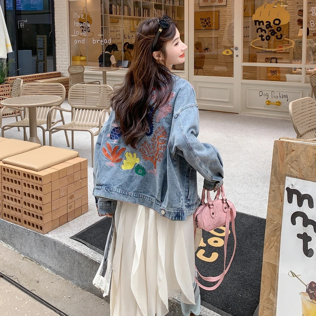 韩系甜美减龄重工百搭上衣女秋季新款时尚活力设计感刺绣牛仔外套