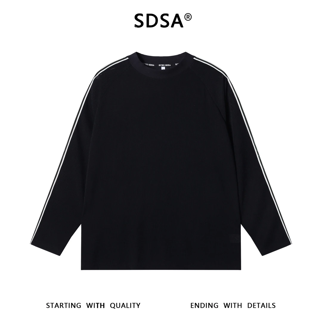 SDSA男士秋冬新款轻奢痞帅男装韩版撞色拼接织带圆领长袖T恤百搭