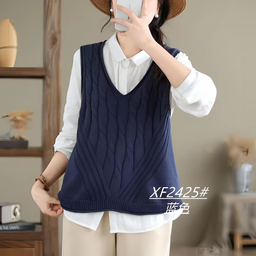 新款V领麻花无袖马甲春秋冬季针织棉时尚百搭宽松休闲复古2425#