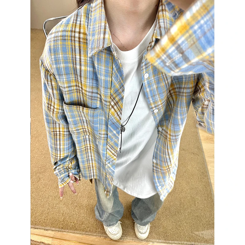 美式复古黄蓝格子衬衫男款春夏格纹长袖上衣cleanfit情侣宽松外套