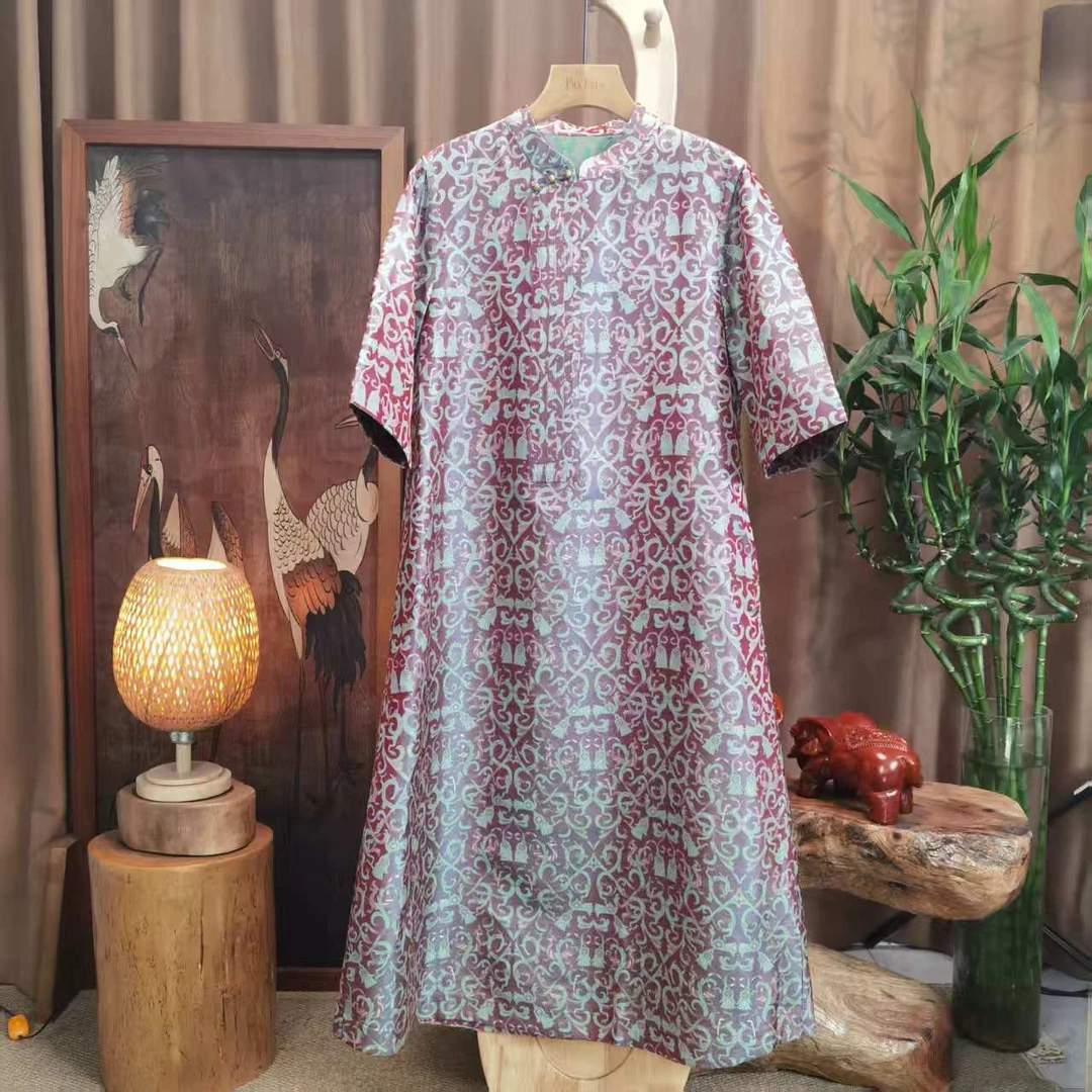 富美国风连衣裙F5007红底麦穗蜀锦