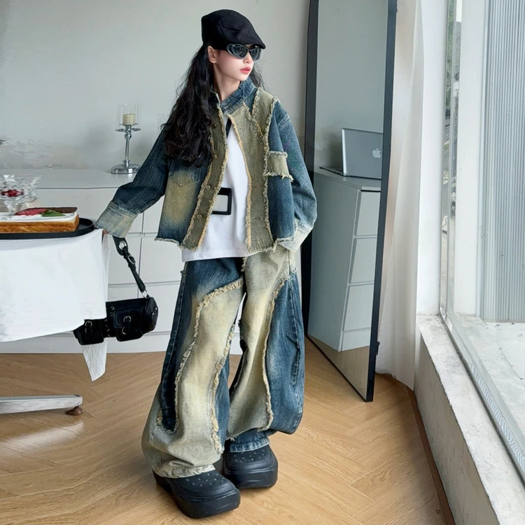 女童两件套2025新款儿童春秋新款装牛仔外套阔腿裤拼接毛边设计感