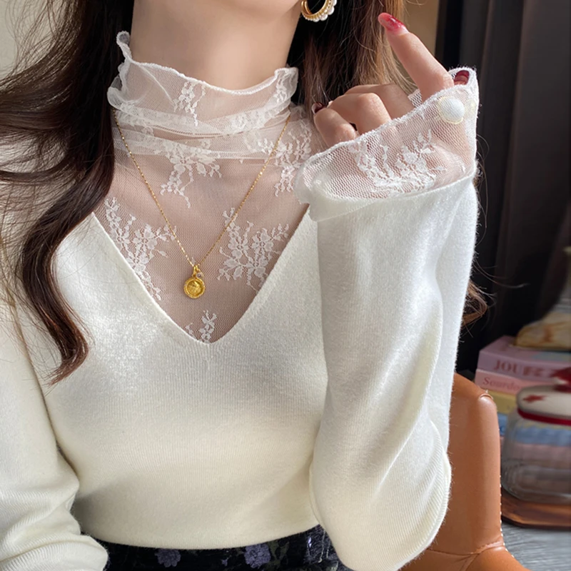 白色蕾丝拼接针织衫女2025秋季新款设计感内搭打底衫女上衣L66281