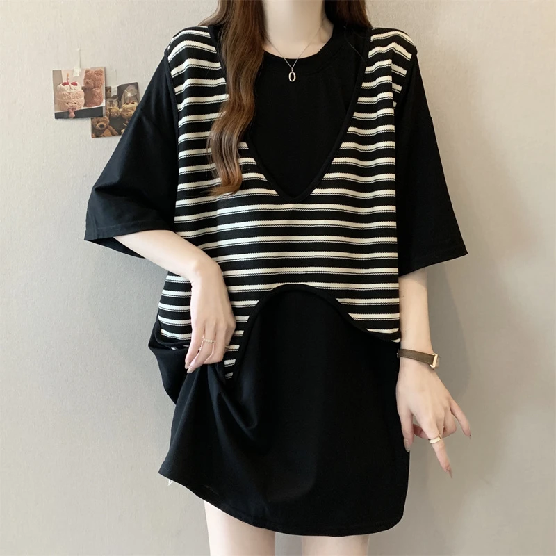 大码慵懒风假两件短袖T恤女夏季胖MM设计感遮肚子宽松显瘦打底衫
