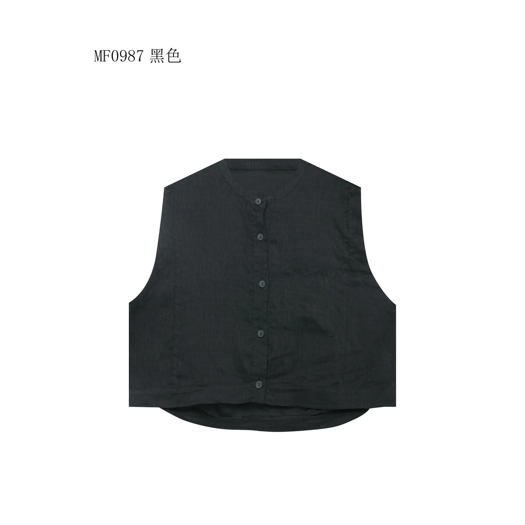 【麻訪家】MF0987黑色文艺简约休闲百搭坎肩开衫上衣