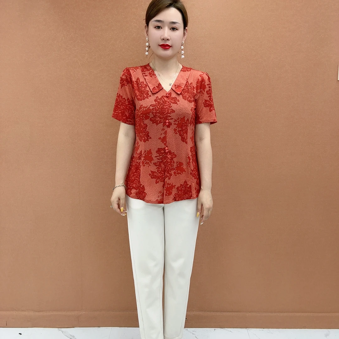 高档女士T恤衫高弹力透气印花森系显瘦凉快小衫减龄夏季宽松大码