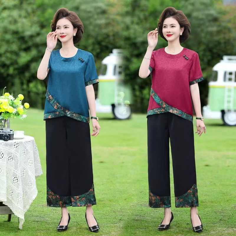 9048-夏季新款中老年妈妈短袖套装休闲居家上衣裤子一套（F仓）