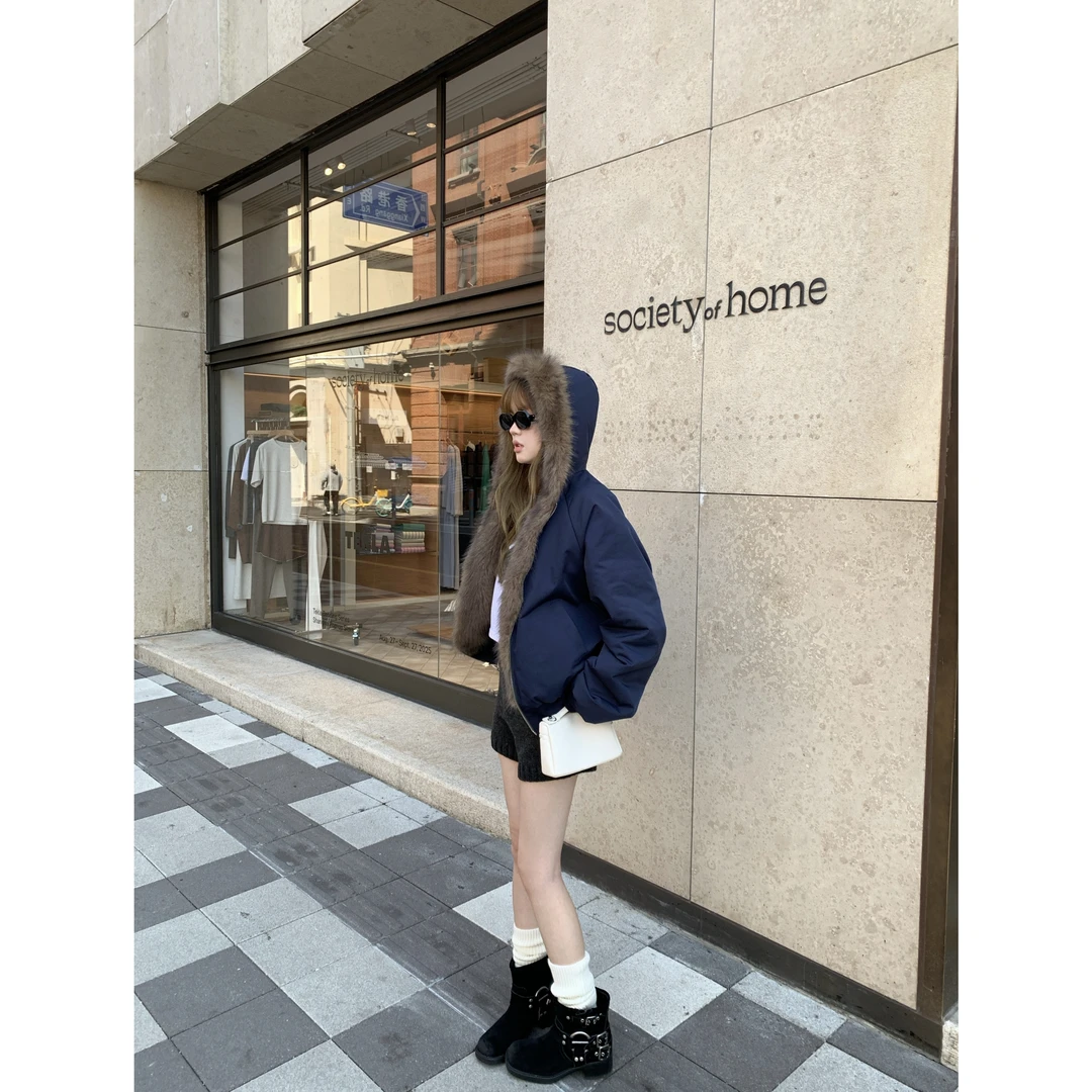 SUNIRIROR 复古毛毛外套冬季双面穿座山雕毛领连帽保暖棉服派克服