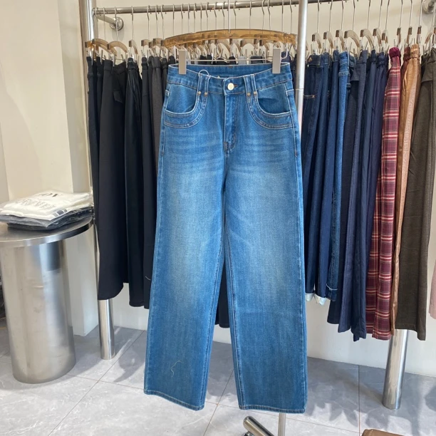 高货四面弹琉璃蓝色窄版阔腿裤