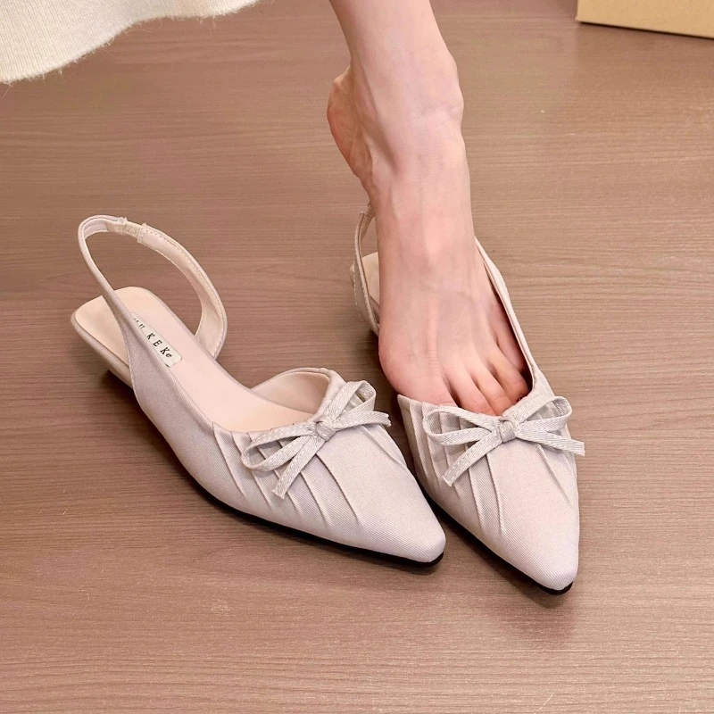 韩系芋泥紫！时髦尖头皱褶蝴蝶结包头后空凉鞋女夏季韩版平底凉鞋