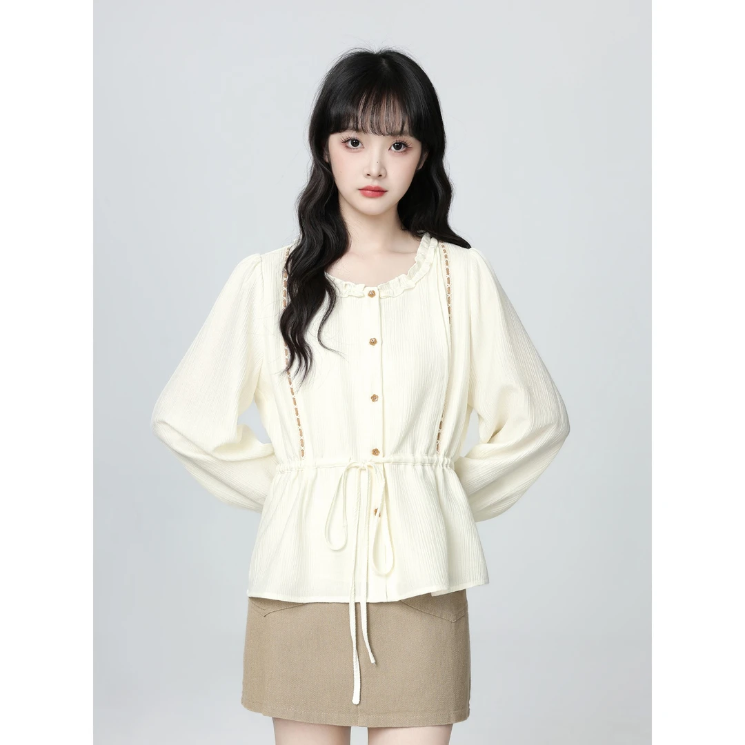 杏色圆领长袖衬衫女秋2025春秋新款木耳边蝴蝶结系带衬衣收腰上衣