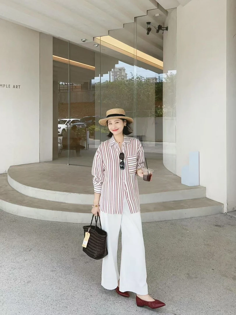 夏季2025新款中竖条纹长袖衬衫女搭显瘦休闲上衣百搭直筒休闲裤
