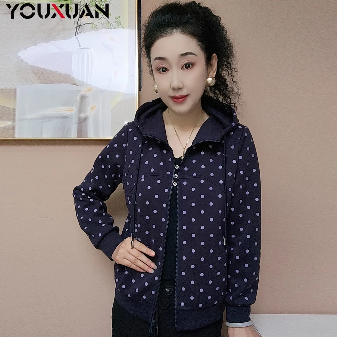 秋冬新品百搭韩版上衣时尚夹克休闲宽松长袖波点女士连帽外套3271