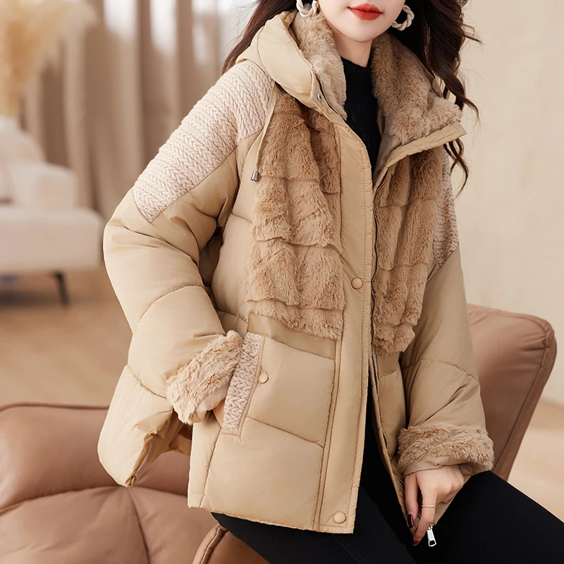杏色加厚毛领棉服女加厚保暖2023新款冬中长款拼接面包服外套
