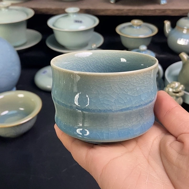 竹节杯原矿天蓝釉汝瓷