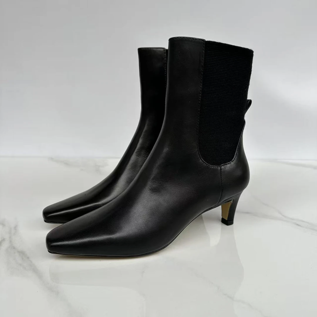 法式方头切尔西女靴黑色百搭时装靴高跟短靴秋冬季显瘦高级