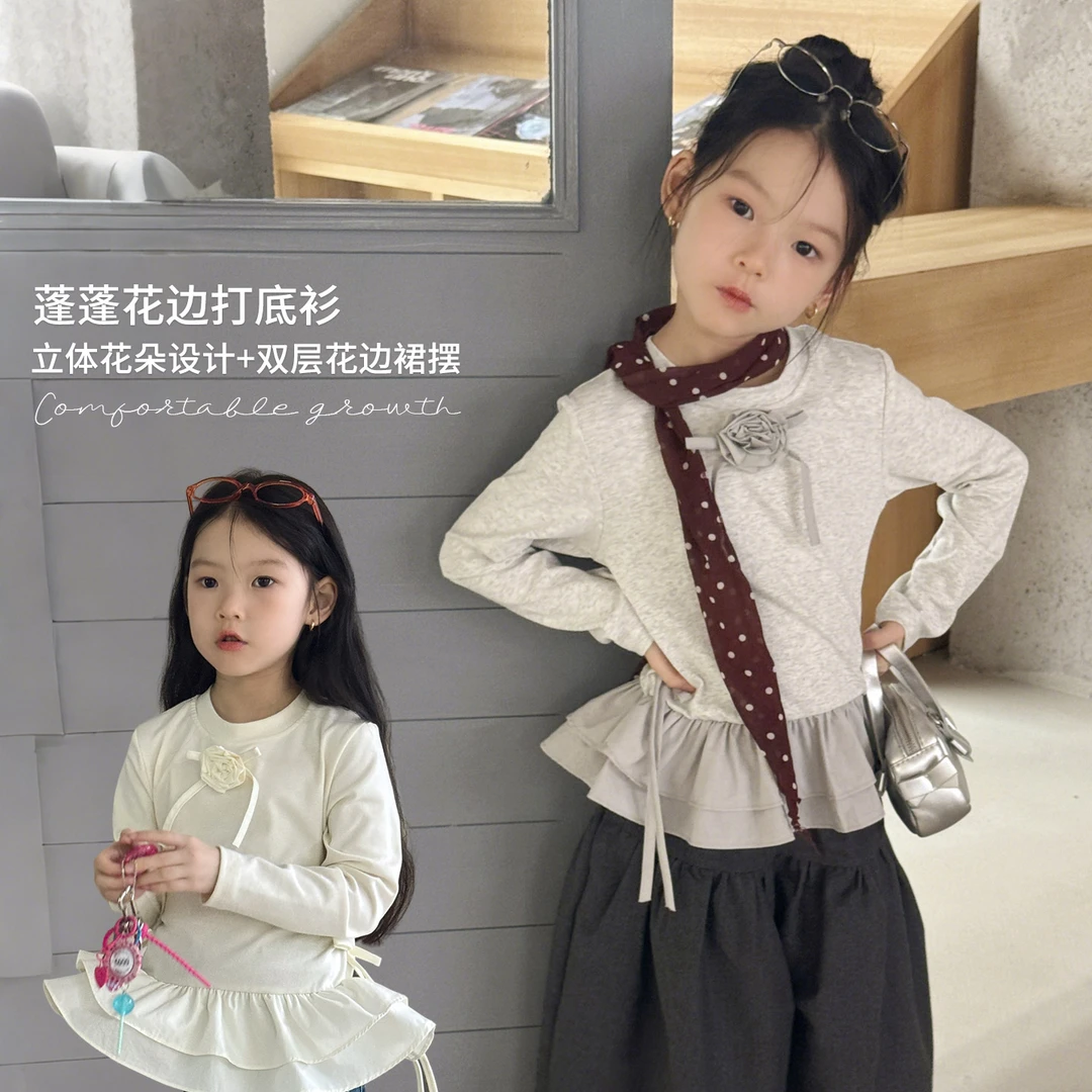 PAPA~韩系25秋女童立体花朵裙摆花边打底衫-52495